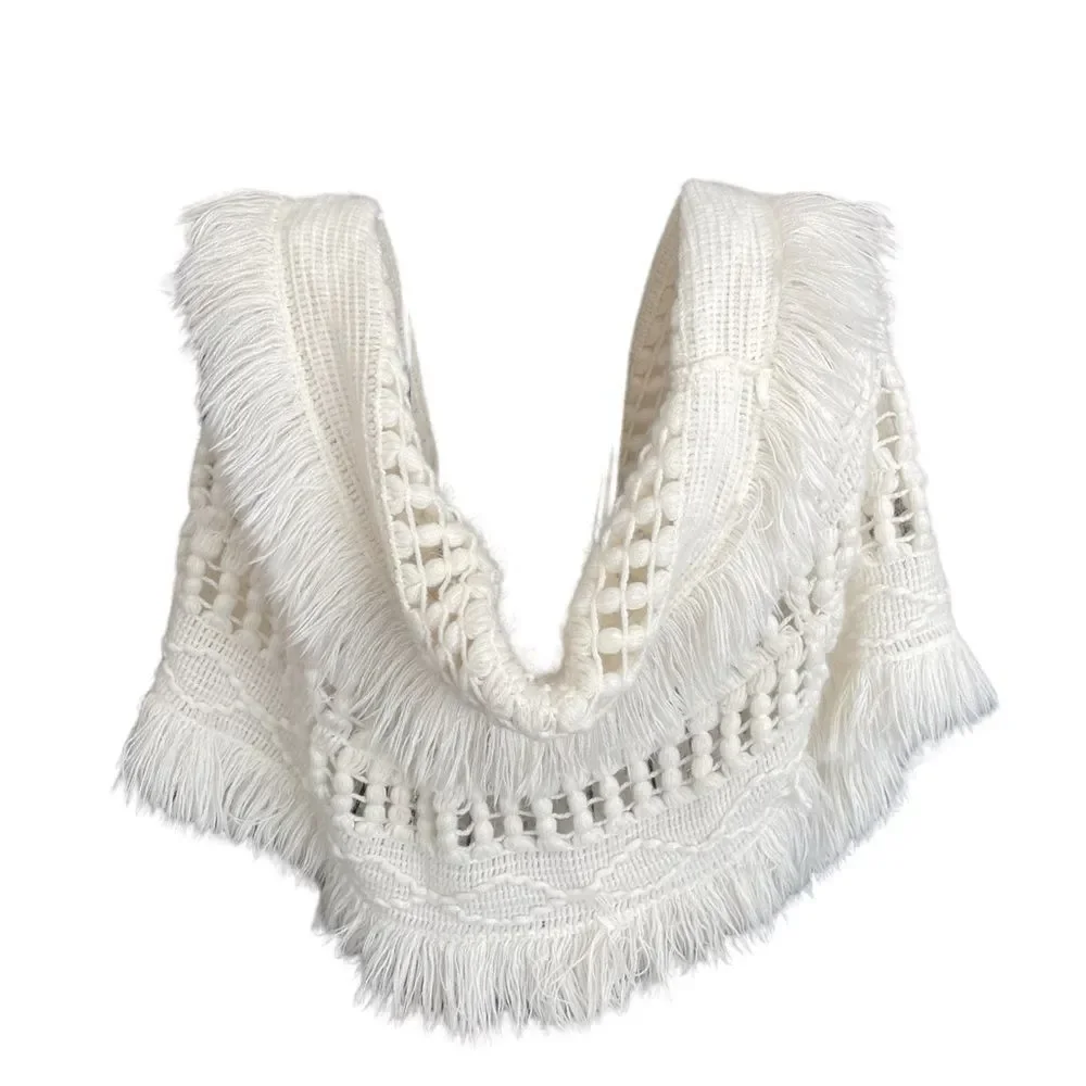 Olivia-Fallon Winter White Soft Knit Wide Boho Infinity Shawl/Wrap w/Fringe